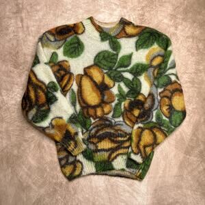 Vintage 80s Chinese Floral Chunky Sweater Multicolor Pullover Knit Long Sleeve